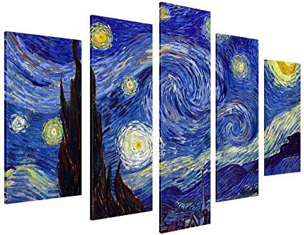 Alonline Art - Starry Night 5 חלקים מאת וינסנט ואן גוך | מסגרים מתוחים ממוסגרים על מסגרת מוכנה לתלייה - כותנה - גלריה עטופה | 30 x20 - 76x51 סמ | 5 פאנלים מפוצלים | הדפס צבע צבע